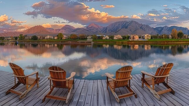 A Wooden Dock at Sunset with Four Lounge Chairs Overlooking the Reflective Lake and Mountain Range