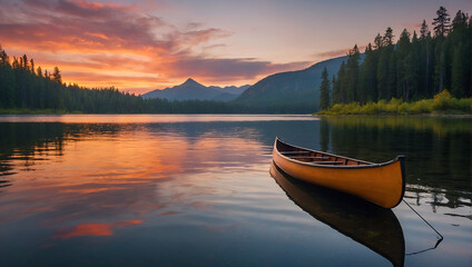 Golden Hour Landscape of Lake and Boat
