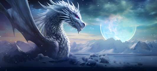 photograph of a white dragon adorned in celestial sun and moon, ai generative