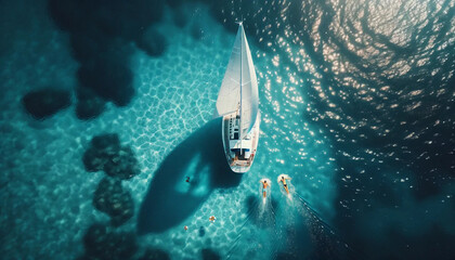 An aerial, zoomed-out perspective of a single sailboat navigating the azure waters of the ocean with two swimmers on vacation