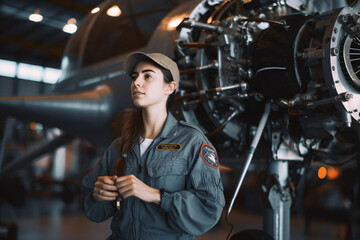 Obraz na płótnie Canvas Real life young female aircraft engineer apprentice at work