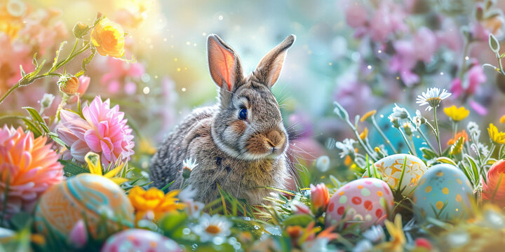 The Easter bunny in a wonderland of vibrant flowers and eggs