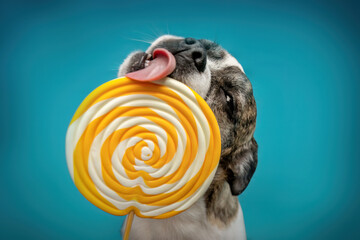A cute little boston terrier crossbreed mongrel dog licking at a lolli in front of colorful blue...