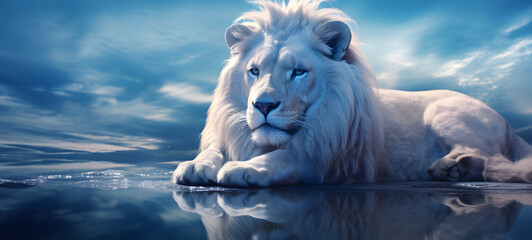 photograph of a white lion adorned in celestial sun and moon, ai generative