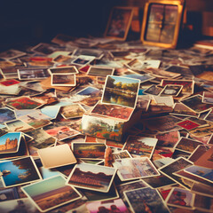 Vintage postcards scattered on a table. - obrazy, fototapety, plakaty