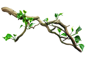 a twisted jungle branch with plant growing isolated on white background, cutout, png, 3D illustration