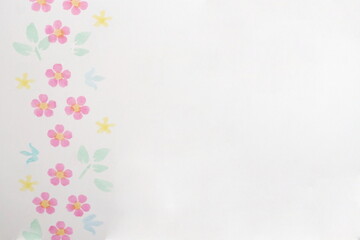Right Vertical Border of Pink Flowers, Yellow Buds and Green Leaves in Pastel Watercolors