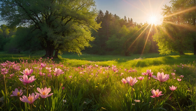 Spring Garden Blooms and Morning Sunlight