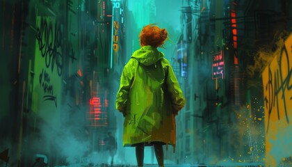 Young Dreamer Gazing into Neon-Lit Cityscape