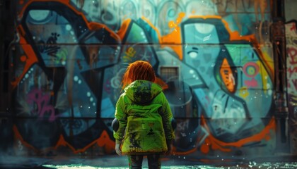 Obraz na płótnie Canvas Child in Neon Green Observing Urban Graffiti Art