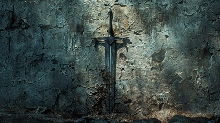 Sword Embedded in Stone Wall - obrazy, fototapety, plakaty