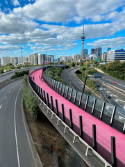 Auckland, New Zealand. The section of the Nelson Street Cycleway known as the Pink Path or Te Ara I Whiti (Lightpath), a repurposed motorway offramp.