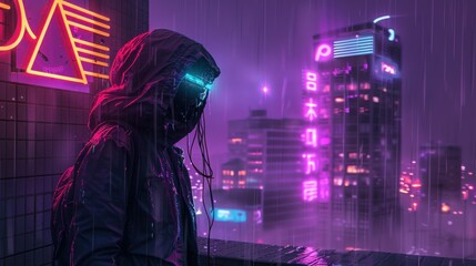  Lone Watcher in a Cyberpunk Rainfall
