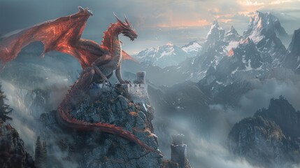 Fiery Dragon Basking in Sunset on Mountain Cliff