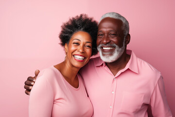 Obraz premium Close up studio portrait of handsome mature black couple against pink background.