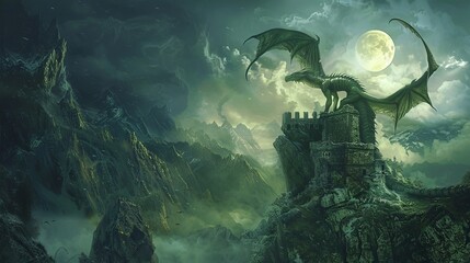 Majestic Dragon Guarding Castle Ruins under Moonlight - obrazy, fototapety, plakaty