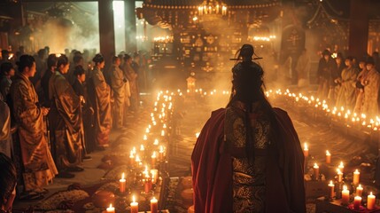 Ceremonial Silence: Candlelight Vigil in Traditional Garb - obrazy, fototapety, plakaty