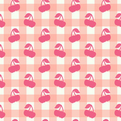 Gingham pattern and cherry seamless Plaid repeat in pink. Design for print, tartan, gift wrap, textiles, checkered background for tablecloth