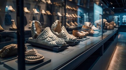 Sole History: Ancient Footwear Collection in Museum Display - obrazy, fototapety, plakaty