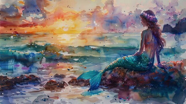 Sunset Serenade: Watercolor of Mermaid on Seashore
