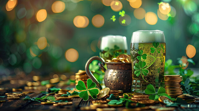 Mug of green beer, gold coins and clover leaves on the counter of an Irish pub on St. Patrick's Day