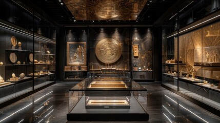 Ancient Golden Shield in Museum Exhibition - obrazy, fototapety, plakaty