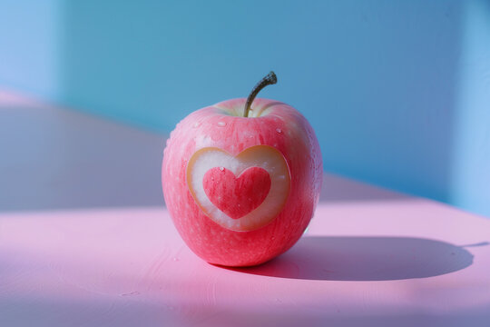 Red apple with heart carved, healthy life concept, love concept, valentine's day