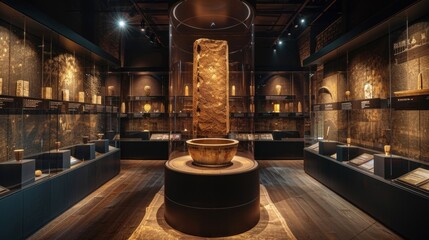 Ancient Artifact Exhibition in Dim Lighting