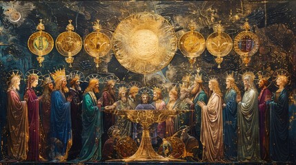 Celestial Council: Mythical Assembly in Golden Radiance - obrazy, fototapety, plakaty