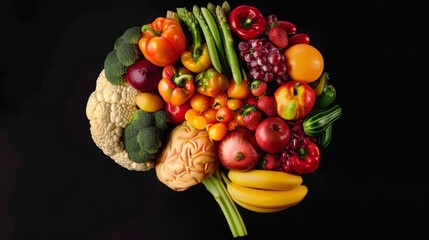 Brain composed of vibrant fruits and vegetables, conceptual illustration promoting healthy eating