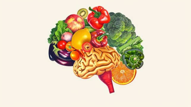 Brain composed of vibrant fruits and vegetables, conceptual illustration promoting healthy eating