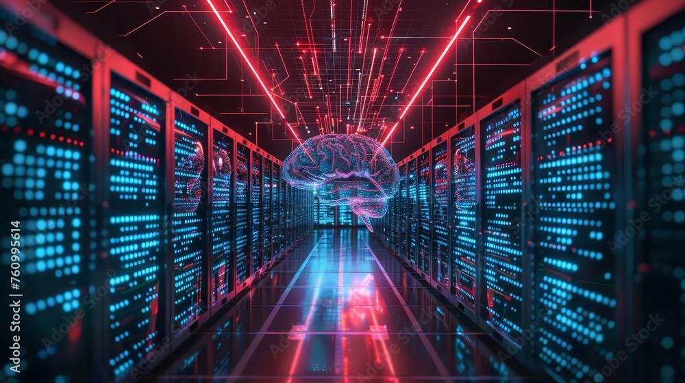 Aufkleber cyber security and ai mind in modern cloud networking data center, digital art illustration