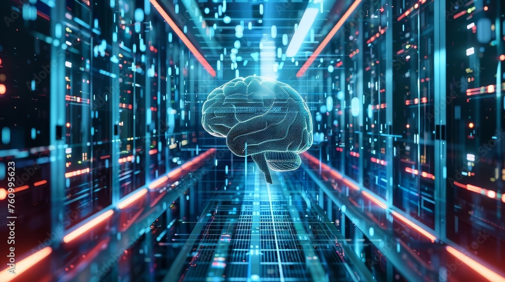 Poster cyber security and ai mind in modern cloud networking data center, digital art illustration