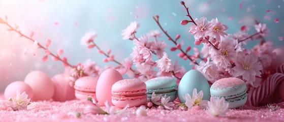 Poster Spring decorative background of flowers, macarons and Easter eggs © Serhii