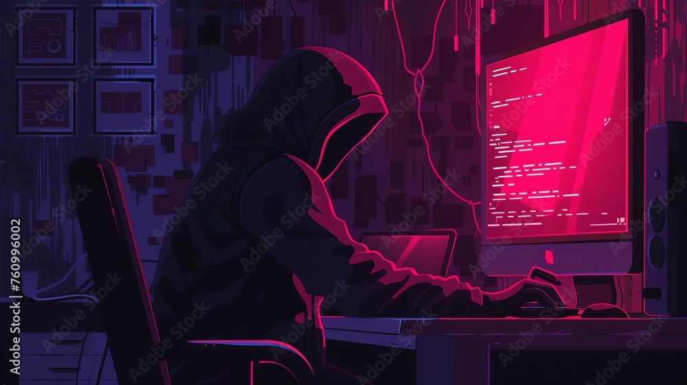 Poster hooded hacker using computer for cybercrime, digital security threat illustration