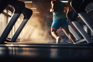 Unrecognizable athlete running on treadmill in a gym