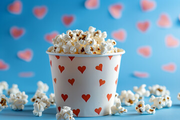 popcorn in a ball with hearts, valentine's day, love concept, movie cinema - obrazy, fototapety, plakaty