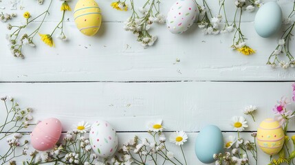 Multicolored Easter eggs and spring flowers on a white wood background, holiday still life
