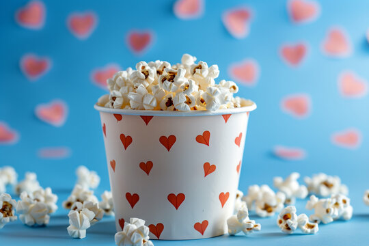 popcorn in a ball with hearts, valentine's day, love concept, movie cinema