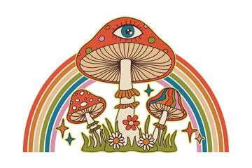 Fototapeta na wymiar Retro Groovy style mushrooms rainbow background illustration