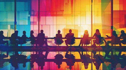 Silhouettes of diverse people brainstorming in meeting room, colorful window background, concept illustration - obrazy, fototapety, plakaty