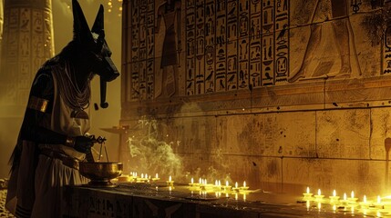 Anubis Statue Performing Ritual in an Egyptian Temple