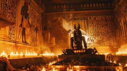 Enigmatic Anubis in Ancient Egyptian Temple Chamber - obrazy, fototapety, plakaty