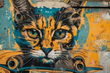 Graffiti street art of a cat in an epic pose powerful