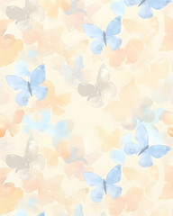 Light orange and blue butterfly on a beige background, Canvas texture