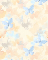 Fototapeta premium Light orange and blue butterfly on a beige background, Canvas texture