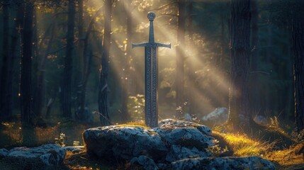 Legendary Sword on Stone at Forest Sunset - obrazy, fototapety, plakaty