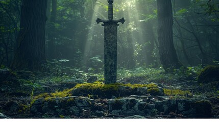 Ancient Sword in Enchanted Forest Glade - obrazy, fototapety, plakaty