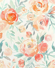 Pink Roses Watercolor, Floral Canvas Texture - obrazy, fototapety, plakaty