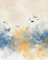 Abstract butterflies, watercolor splash navy and beige, Canvas texture